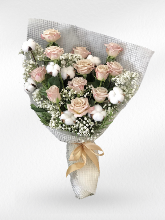 Soft Nest – 12 Cappuccino Roses with Cotton Bouquet