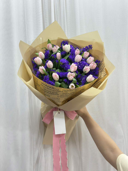 Vintage Beauty – 20 Pink Tulip with Purple Statice Bouquet