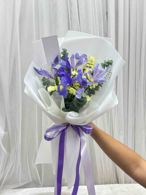 Eternal Bloom – Purple Iris & Yellow Statice Bouquet - BestBloomBuddy