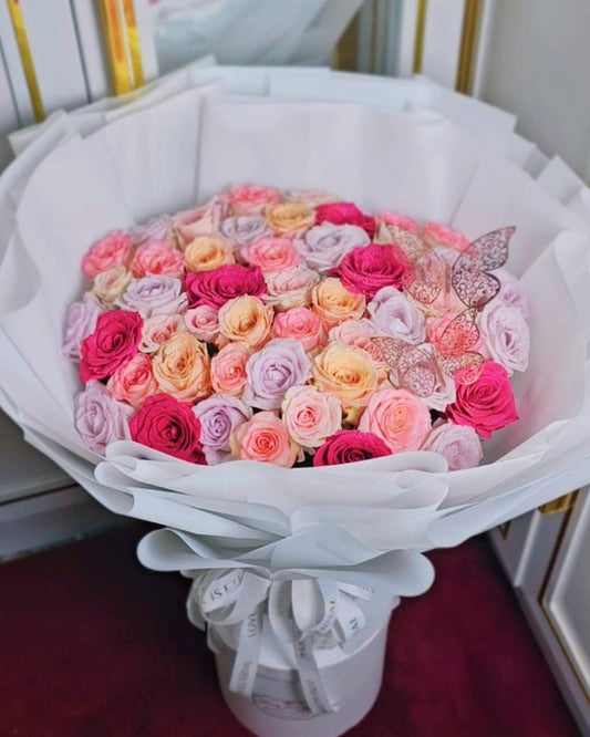Butterfly Luxe “Pastel Whisper” – 50 Mixed Pastel Roses Bouquet