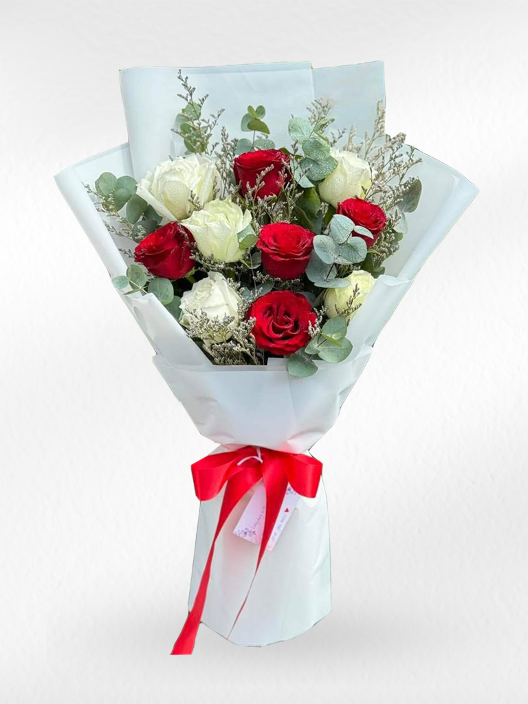 Ruby & Pearl — Red & White Roses Bouquet