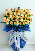 Golden Sunburst flower stand by BestBloomBuddy, featuring vibrant yellow and gold floral arrangements on a decorative stand.