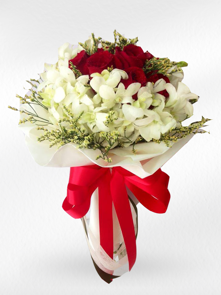 Ruby Grace – Red Rose & White Orchid Bouquet - BestBloomBuddy